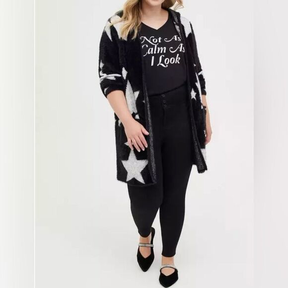 Torrid Hooded fuzzy Star Cardigan Black & White, Pockets, Stretch size 3… - Picture 1 of 16